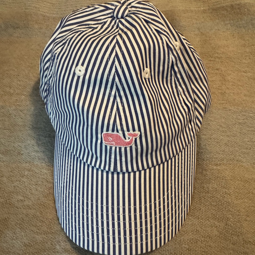 Vineyard Vines Navy & White Striped Baseball Cap with Pink Embroidery